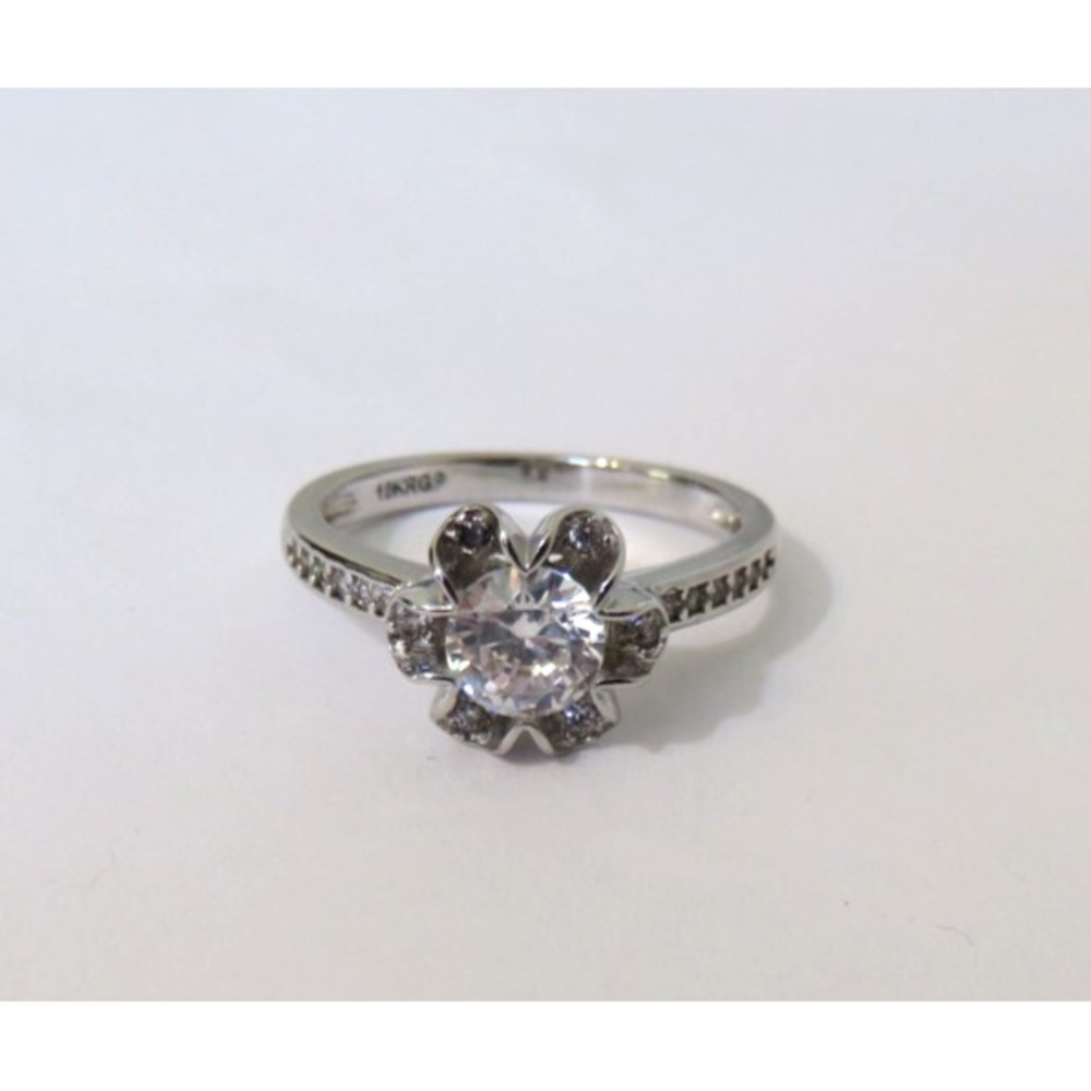18K White Rolled Gold Plated RGP Clear Halo CZ Crystals Engagement Ring Size 8.5